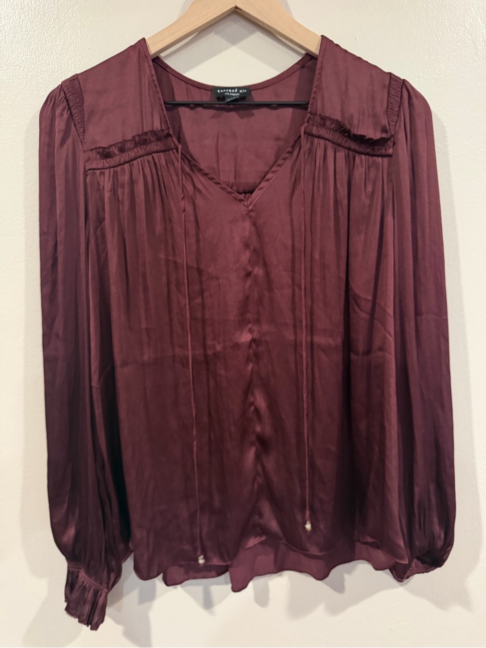 Current Air Women's Long-Sleeve V-Neck Blouse in Deep Plum - Medium fits a Large